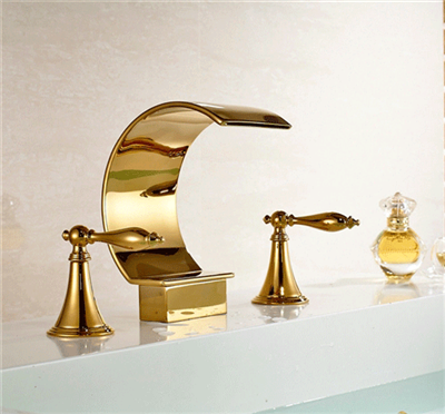 Waterfall Spout Bathroom Basin Faucet Double Knobs Sink Mixer Tap Gold Finish